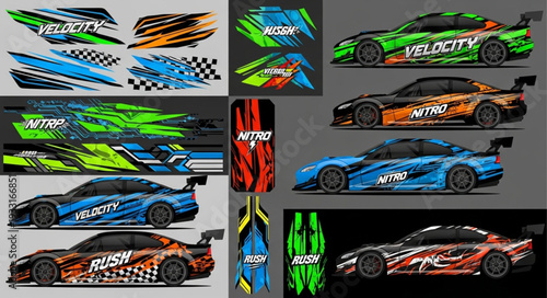 Colorful racing car designs with dynamic graphics and vibrant patterns.