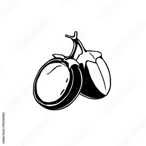 Elegant Black Silhouette of a Whole Mangosteen Fruit on a Clean White Background – Perfect for Tropical Food and Ingredient Design