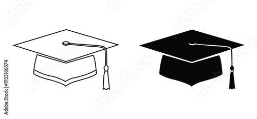 Graduation caps in line art and solid black icon styles for education and academic achievement concepts with school and university and college and grad