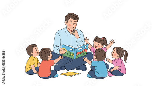 Friendly male teacher sitting on the floor and reading an interesting picture book to a group of attentive young children in a classroom setting.