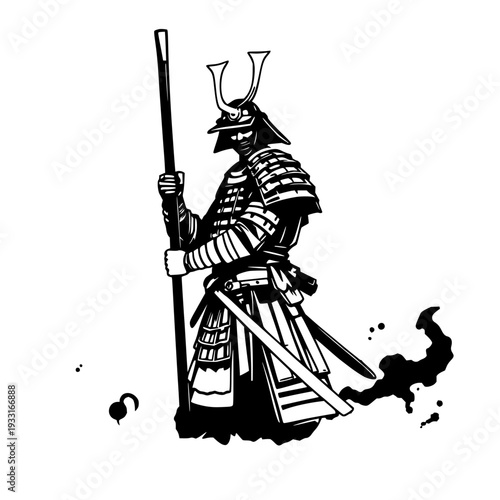 Striking Samurai Warrior Silhouette in Full Ceremonial Armor, Detailed Bushido Design with Clean Edges, Isolated on White Background