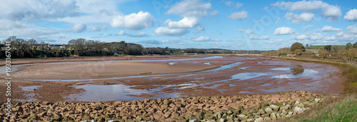 Budleigh Salterton nature reserve and wetlands. The lower Otter restoration project show as a wide angle panorama. Nature conservation. Water birds and wildlife. 