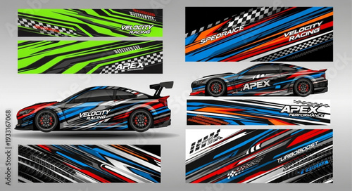 Racing car design with vibrant colors and dynamic graphics for speed.