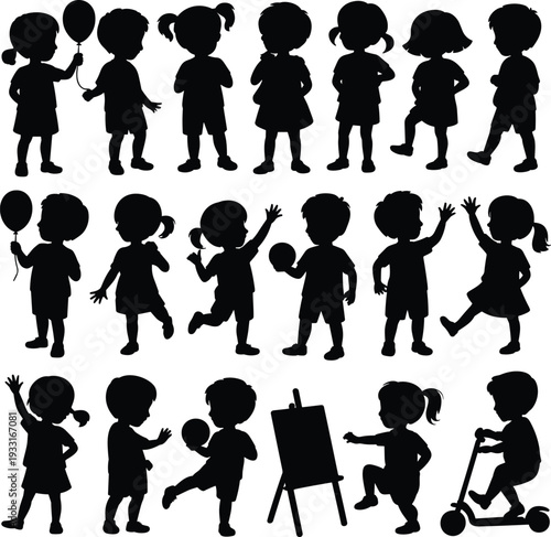Cute Children Silhouettes Collection Featuring Boys and Girls Playing Learning and Celebrating Isolated on White Background for Preschool Education and Childhood Concept