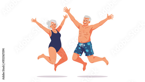 Active elderly man and woman in swimwear jumping joyfully with their arms raised high against a plain white background during their vacation.
