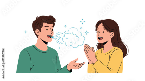 Confident man talking with fresh sparkly breath while a woman beside him looks on admiringly with her hands clasped in genuine appreciation.