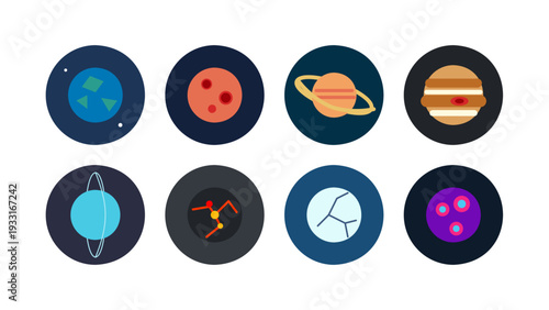 Educational vector set of children style planet icons including Earth, Mars, Saturn, Jupiter. Playful cartoon space graphics for school projects, kids games, and solar system astronomy learning apps.