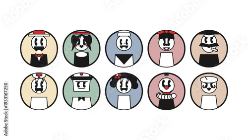 Children style set icons with vintage 1930s rubber hose cartoon characters. This vector pack features retro avatars like sailor, nurse, clown, burglar, and gentleman for commercial web design use.