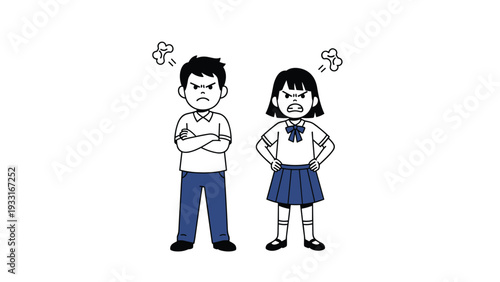 Angry school boy and girl in uniforms standing with crossed arms and hands on hips while expressing strong frustration or a heated disagreement.