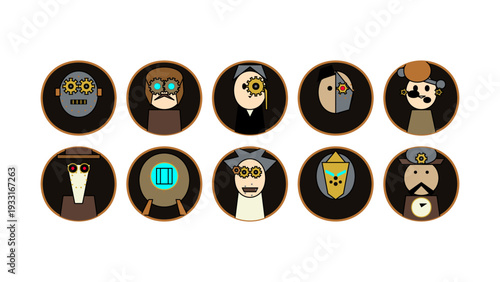 Steampunk robot character set for kids featuring cute mechanical avatars and vintage pilot icons in a flat children style. Professional vector collection with gear and goggle motifs for games.