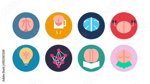 Vector children style set icons collection showcasing brain health, mental growth, education and creativity. Features icons for focus, gym, light bulb idea, reading, and meditation symbols.