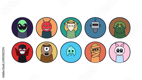 Funny Halloween monster vector icons set in naive childish style. Cute cartoon avatars of vampire, mummy, alien, ghost and devil. Hand drawn characters isolated on white background.