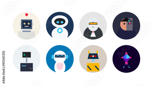 Vector collection of children style set icons featuring cute robots, futuristic generic brand avatars and friendly cyborg heads for gaming, ui design, web profile or app avatar elements.