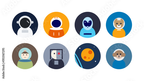A vector set of children style icons featuring cute space characters like astronauts, robots, aliens, and animals in spacesuits. Perfect for kids educational games, apps, and school web design.