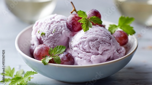 Creamy homemade ice cream infused with reduced Prosecco and grape purée, pale lavender hue, scooped into chilled bowl with fresh grape garnish, condensation visible, pastel dessert styling