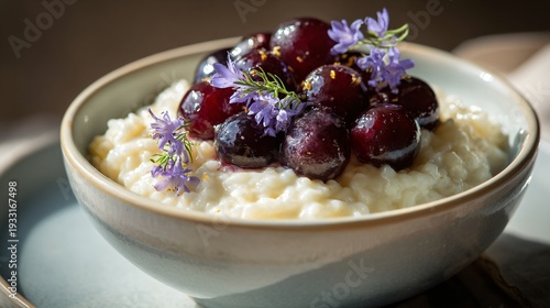 Creamy rice pudding infused with Prosecco and topped with fresh grape compote, subtle lavender hue, served in ceramic bowl, soft cozy kitchen lighting