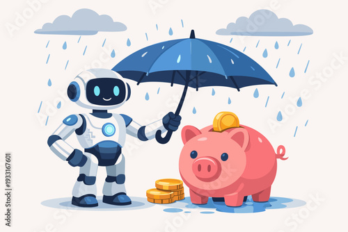 Artificial Intelligence Robot Protecting Savings Concept with a Cute Robot Holding an Umbrella Over a Pink Piggy Bank in the Rain, Financial Security and Smart Investment Vector Illustration.