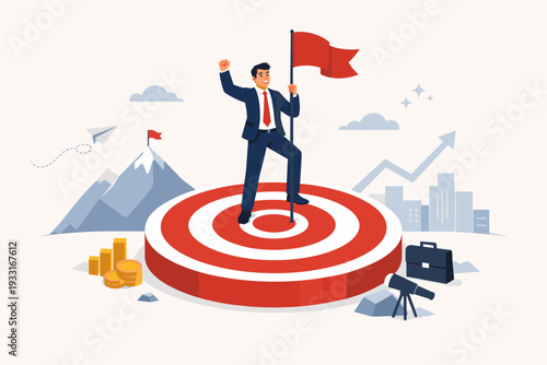 Business Achievement and Determination for Career Success Concept with Cheerful Businessman Winner Standing on Target Holding Red Flag, Celebrating Goal Accomplishment and Financial Growth.