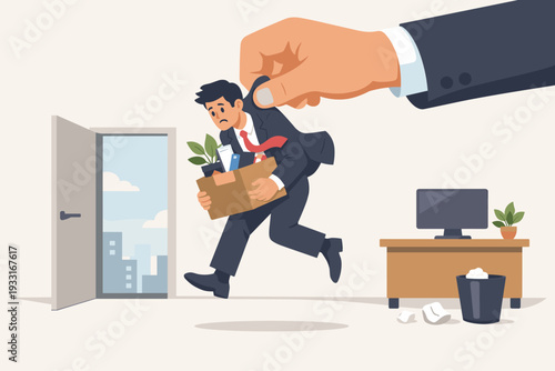 Giant hand in a suit picking up a sad businessman carrying a box of office supplies to throw him out of the door, representing job loss, layoff, unemployment, being fired, and corporate downsizing.