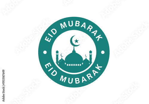 Eid Mubarak vector badge with mosque silhouette and crescent moon for Islamic holiday greetings