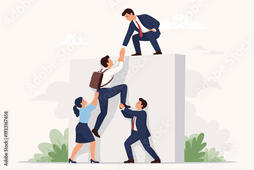 Business Team Collaboration Concept with Professionals Helping a Colleague Climb Over a High Wall Obstacle. Leader Pulling Teammate Up While Others Support from Below for Success and Unity.