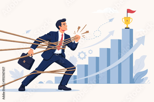 Businessman Overcoming Obstacles and Challenges to Reach Success and Career Growth, Man Tied with Ropes Pulling Towards a Trophy on Top of a Rising Bar Chart, Vector Illustration Concept.