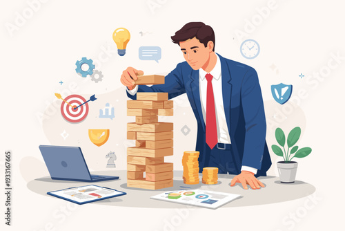 Professional Businessman in Blue Suit Carefully Placing Wooden Block on Tower, Illustrating Business Strategy, Risk Management, Financial Stability, Planning, and Strategic Decision Making.