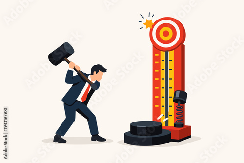 Businessman Hitting a High Striker Strength Tester Machine with a Large Mallet to Reach the Target, Concept of Business Success, Achievement, Effort, Determination and Reaching Goals, Flat Vector