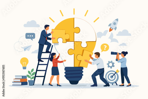 Business Teamwork and Creative Problem Solving Concept with People Assembling a Lightbulb Puzzle for Innovation, Startup Launch, Strategic Planning, Brainstorming, and Finding New Solutions.