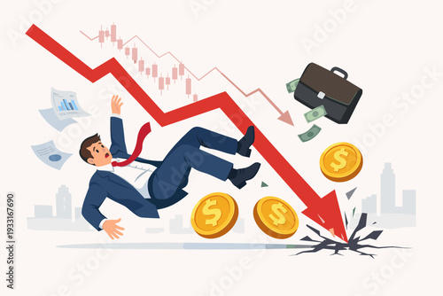 Businessman Falling with Red Arrow and Money Coins Representing Economic Failure, Bankruptcy Concept, Financial Crisis, Stock Market Crash, Recession, and Investment Loss Vector Illustration
