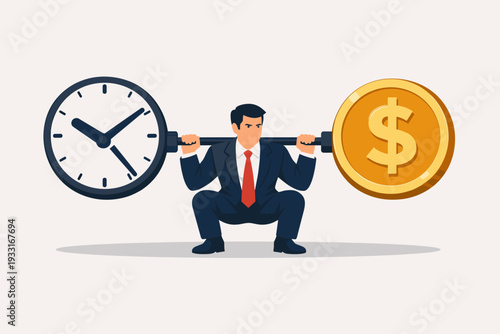 Businessman in a formal suit lifting a heavy barbell with a clock and a gold dollar coin as weights, illustrating the concept of time is money, financial pressure, productivity, and work management.