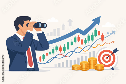 Businessman in a suit looking through binoculars at a rising financial growth chart with candlesticks, gold coins, and a target. Concept of market analysis, investment vision, and success.