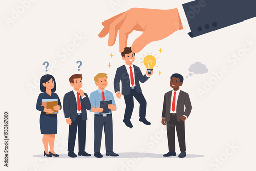 Giant hand picking a businessman with a bright lightbulb idea from a group of candidates. Concept of talent recruitment, choosing the best employee, innovation, and leadership selection.