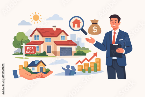 Real Estate Agent Presenting House for Sale with Property Investment Concept, Mortgage, Financial Growth Graph, Money Bag, and Home Buying Opportunity Vector Illustration for Business Marketing.