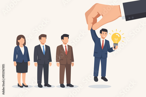 Human Resources Concept for Choosing the Perfect Candidate: A Large Hand Picks a Businessman Holding a Glowing Light Bulb Idea from a Group of Professional Job Applicants in Business Suits.