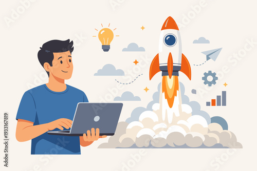 Startup Business Launch Concept Illustration Featuring a Young Entrepreneur Holding a Laptop with a Rocket Ship Blasting Off Representing Innovation, Growth, Success, and New Project Ventures.