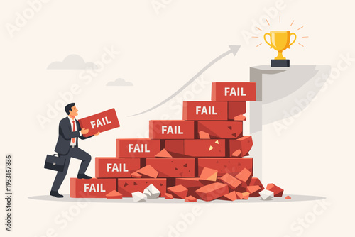 Businessman Building a Staircase with Bricks Labeled Fail to Reach a Golden Trophy, Concept of Learning from Failure, Persistence, Ambition, and Overcoming Challenges to Achieve Success in Career.