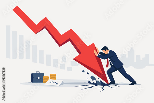 Businessman Trying to Stop Falling Red Arrow Representing Economic Crisis and Stock Market Crash. Concept of Financial Recession, Investment Loss, and Business Failure in Global Economy Vector.