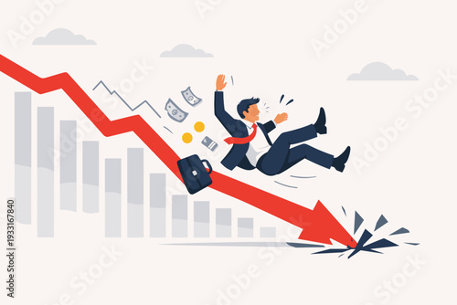 Businessman Falling with a Red Downward Arrow Crashing Through the Ground, Concept of Economic Recession, Stock Market Crash, Financial Crisis, Investment Loss, Business Failure and Bankruptcy