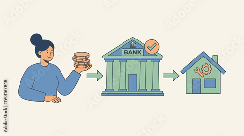 Woman paying mortgage loan to bank for home renovation and improvement. Concept of real estate investment, property financing, credit approval, and house maintenance with character and coins.