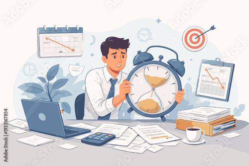 Stressed Businessman Holding Large Alarm Clock with Hourglass at Desk with Laptop and Papers, Concept of Time Management, Missing Deadlines, and Business Plans Not Meeting Goals Vector Art