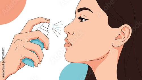 Profile view of a woman using a nasal spray bottle to treat congestion, allergies, or a cold in a simple and colorful medical illustration.
