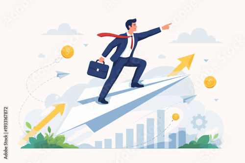 Businessman Flying on a Large Paper Plane Towards Success, Concept of Startup Growth, Financial Progress, Career Achievement, and Leadership with Upward Arrows, Bar Charts, and Gold Coins Vector