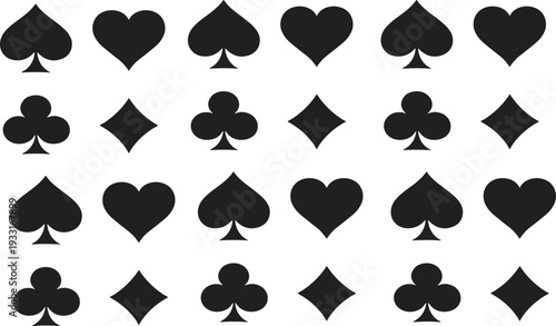 Playing Card Suits Icon Set with Spade Heart Club and Diamond Symbols in Black Silhouette