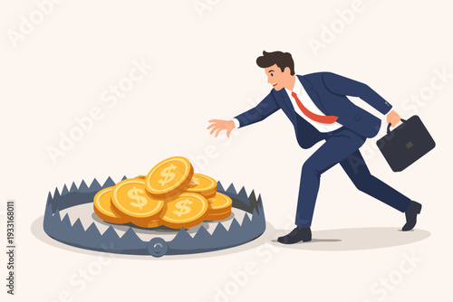 Businessman reaching for gold dollar coins inside a dangerous bear trap, conceptual metaphor for financial risk, greed, bad investment, debt trap, corporate hazards, and economic temptation.