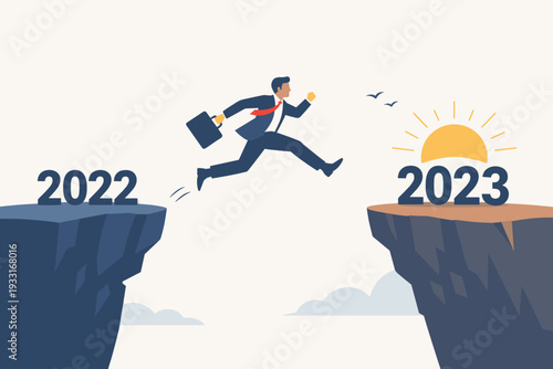 Businessman Jumping from 2022 to 2023 Cliff at Sunrise, Concept of New Year Resolution, Business Success, Opportunity, Change, Bright Future, Overcoming Challenges and Career Growth Vector Art