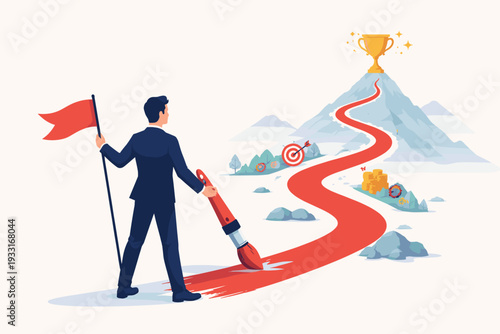 Businessman in a Suit Painting His Own Path to Success with a Large Brush and Holding a Flag, Career Growth and Achievement Concept with a Gold Trophy on a Mountain Peak, Flat Vector Illustration