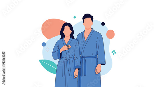Man and woman standing together comfortably while wearing matching blue spa or bath robes on a decorative and colorful abstract background.