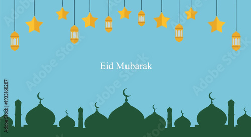 Eid Mubarak mosque silhouette with stars and lanterns blue background vector illustration