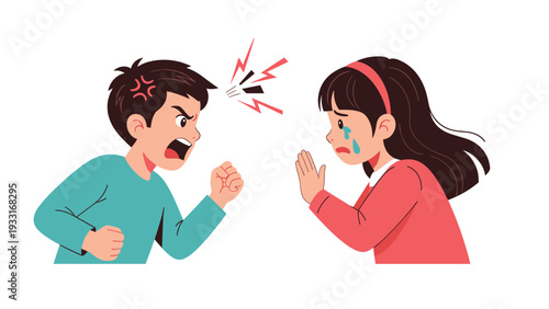 Aggressive young boy shouting angrily at a crying girl who is shielding herself in a scene of childhood conflict, bullying, or a heated fight.